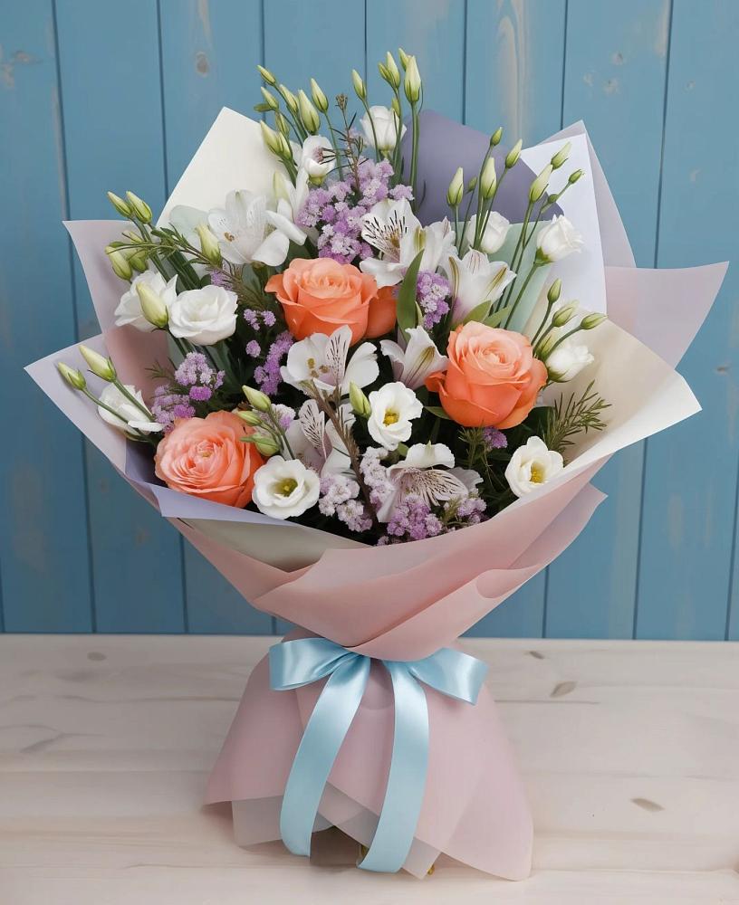 Букет цветов из: Лизиантусы, Розы, Альстромерии и Гипсофила в Клинцах